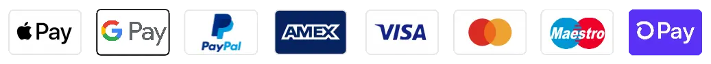 Apple Pay, Google Pay, PayPal, American Express, Visa, Mastercard, Shop Pay